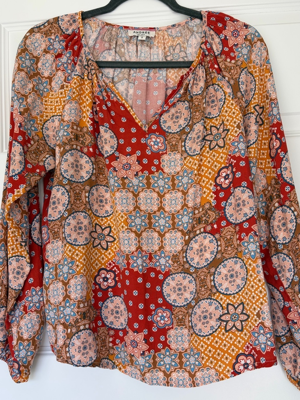 ANDREE BY UNIT Women's Bohemian Patchwork Floral Top in Red, Orange & Brown